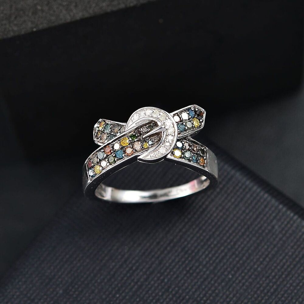 Multi Colored Diamond 0.50 ctw Buckle Ring Sterling Silver Size 9